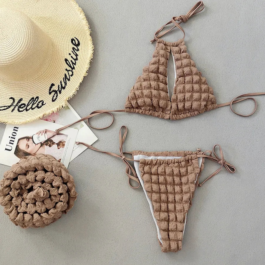 Brown seersucker lace-up three-piece bikini set for women with top, pants, and skirt