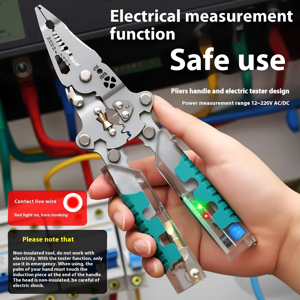 Electricians' wire stripper and pointed pliers tool showing hardened steel construction