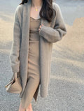 Women's mid-length knitted cardigan in khaki colour with V-neck and long sleeves