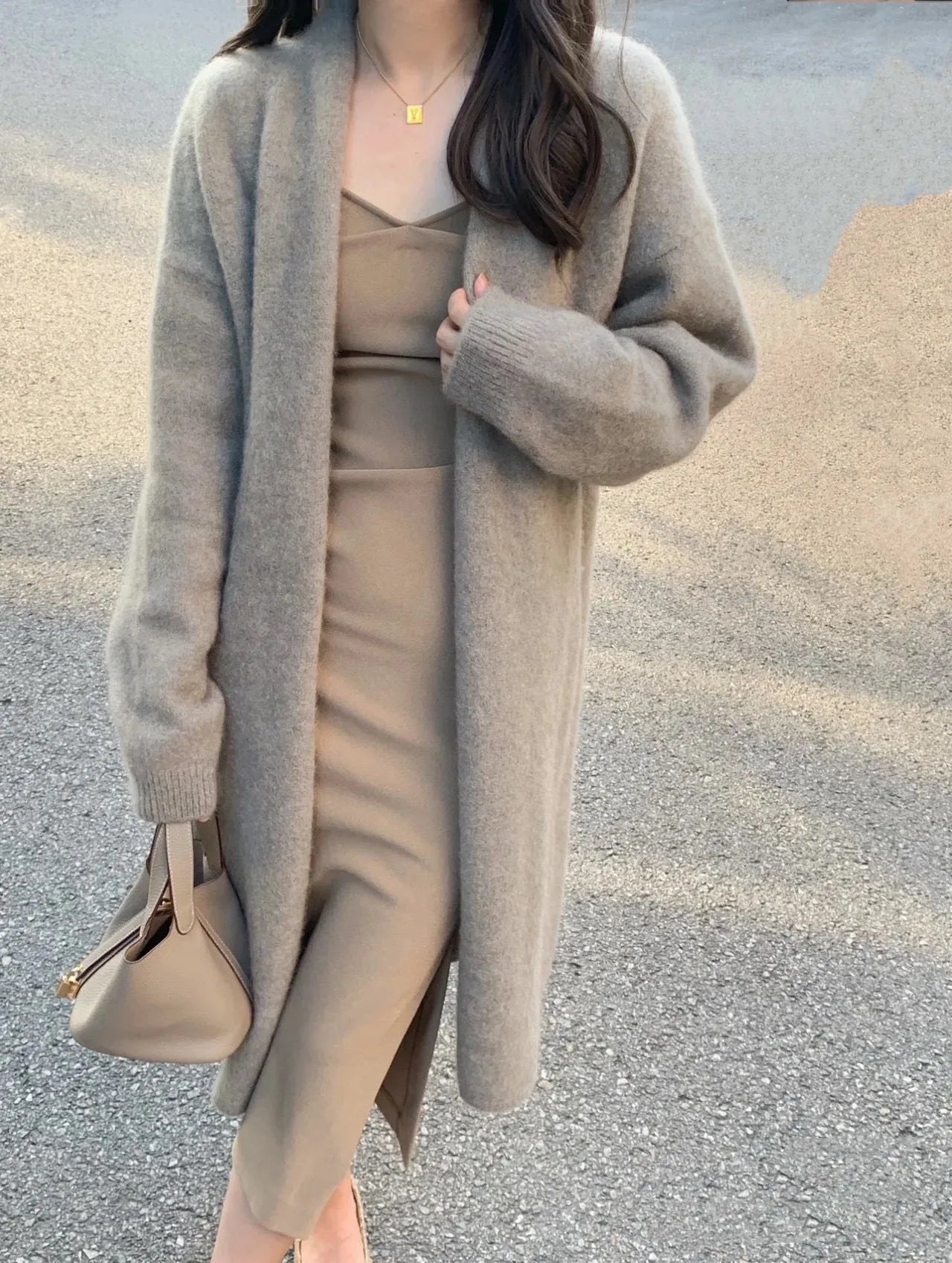 Women's mid-length knitted cardigan in khaki colour with V-neck and long sleeves