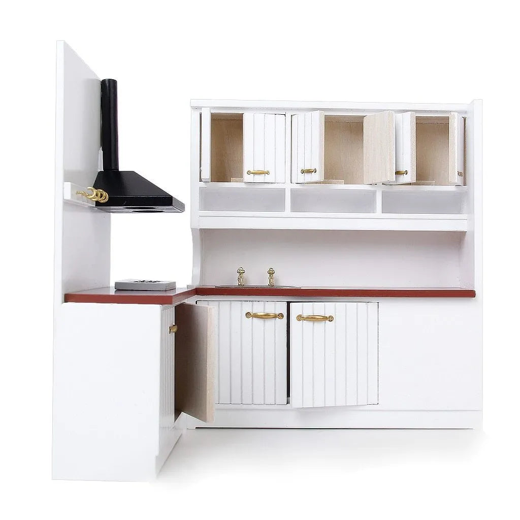 White birch wood dollhouse kitchen cabinet set with sink and stove cabinets and working doors