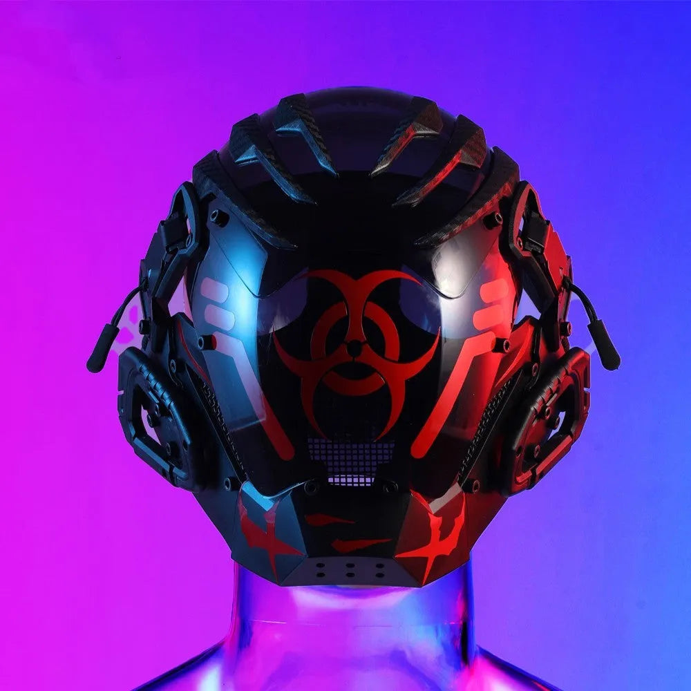 Black full face bioweapon tech prop mask showing complete helmet-style coverage