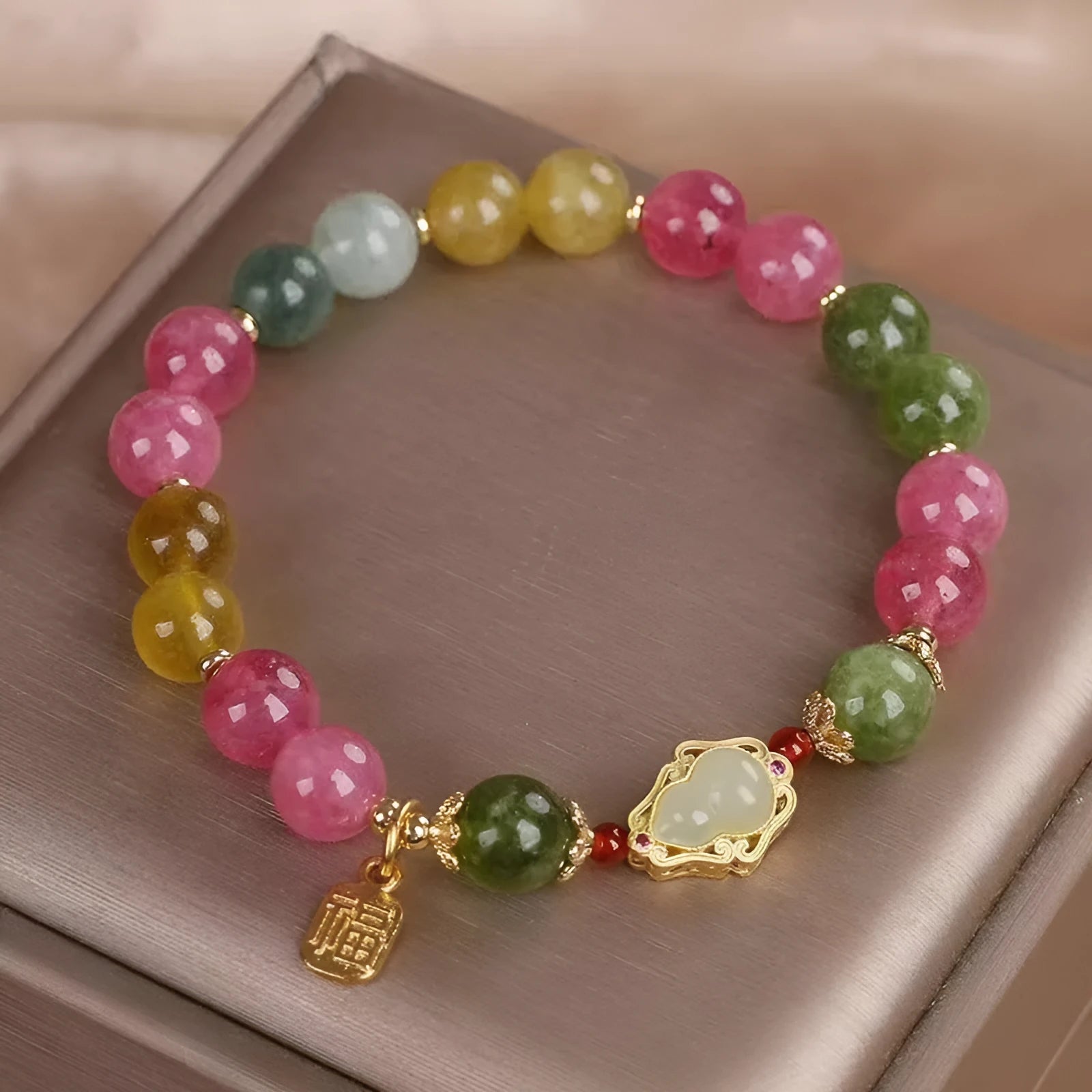 Women's mixed material bracelet with colourful tourmaline gourd blessing card and electroplated finish, flower shape