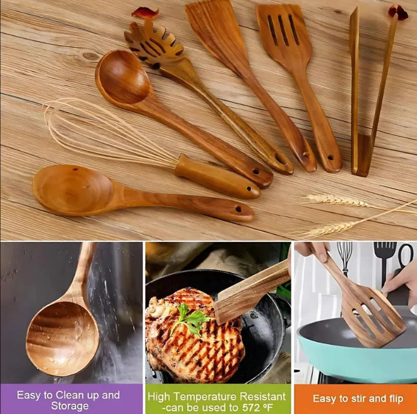 Seven-piece wooden cooking utensil set including spoon shovel for non-stick pans