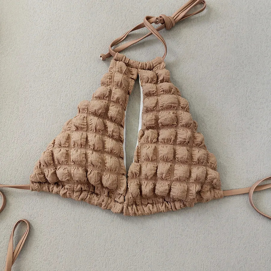 Brown seersucker lace-up three-piece bikini set for women with top, pants, and skirt