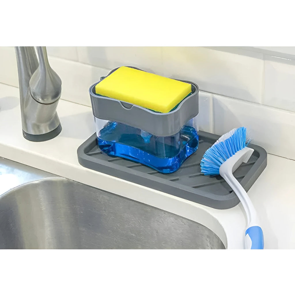 Plastic kitchen soap dispenser in grey with pump, 14.5 x 9.5 x 13.5 cm