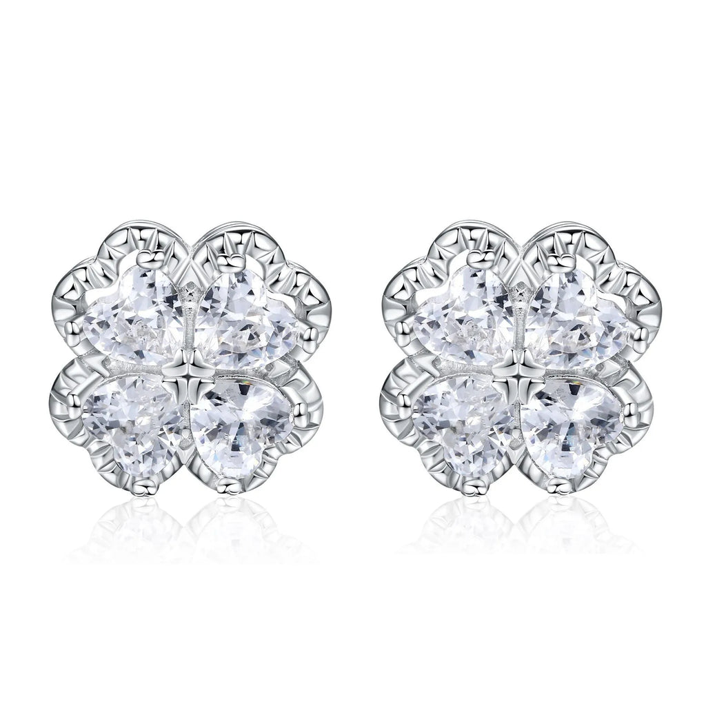 925 silver zircon earrings with four-leaf clover design and heart-shaped elements in white gold colour