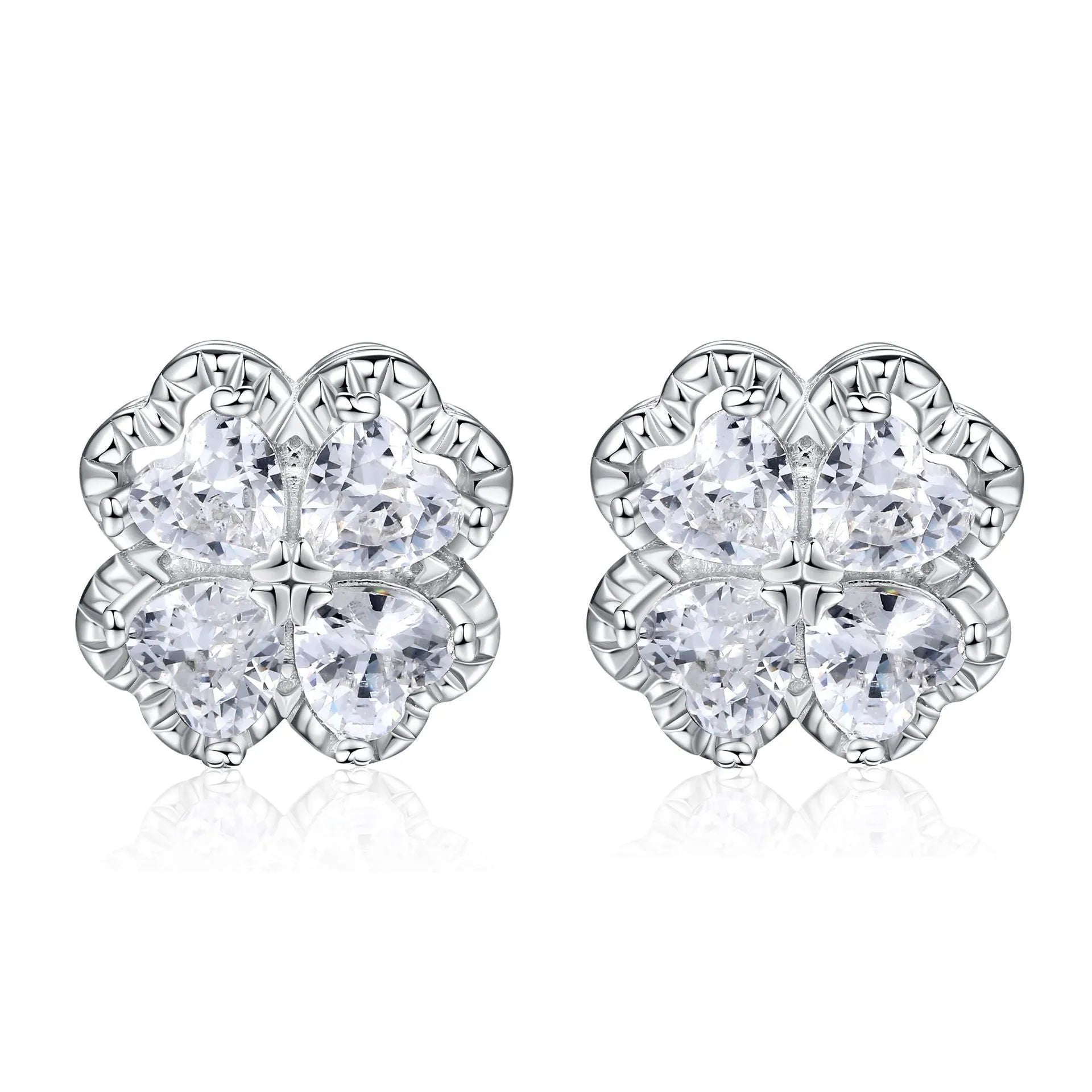 925 silver zircon earrings with four-leaf clover design and heart-shaped elements in white gold colour