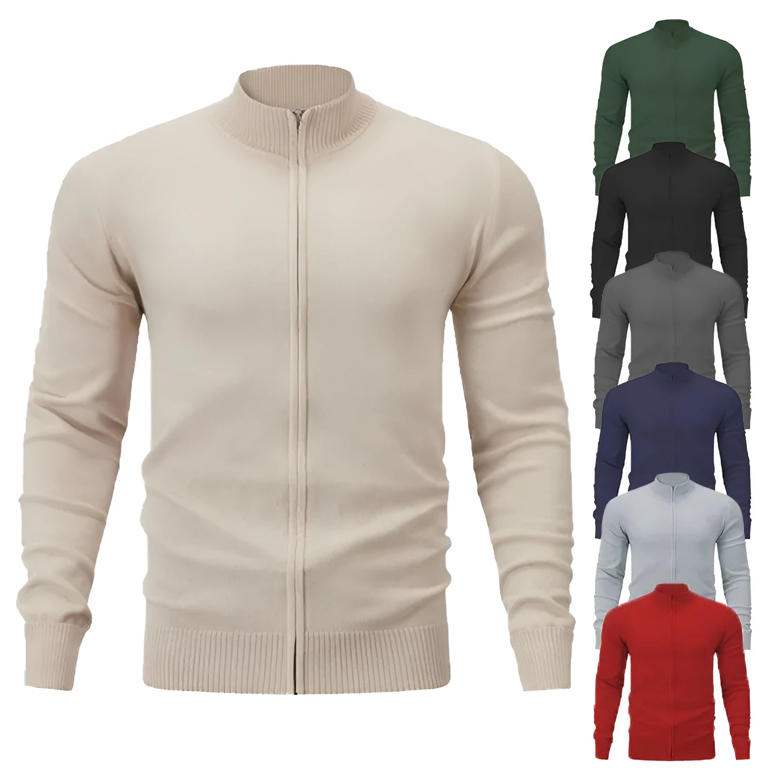 Men's grey zip-up stand collar casual sweater on a hanger