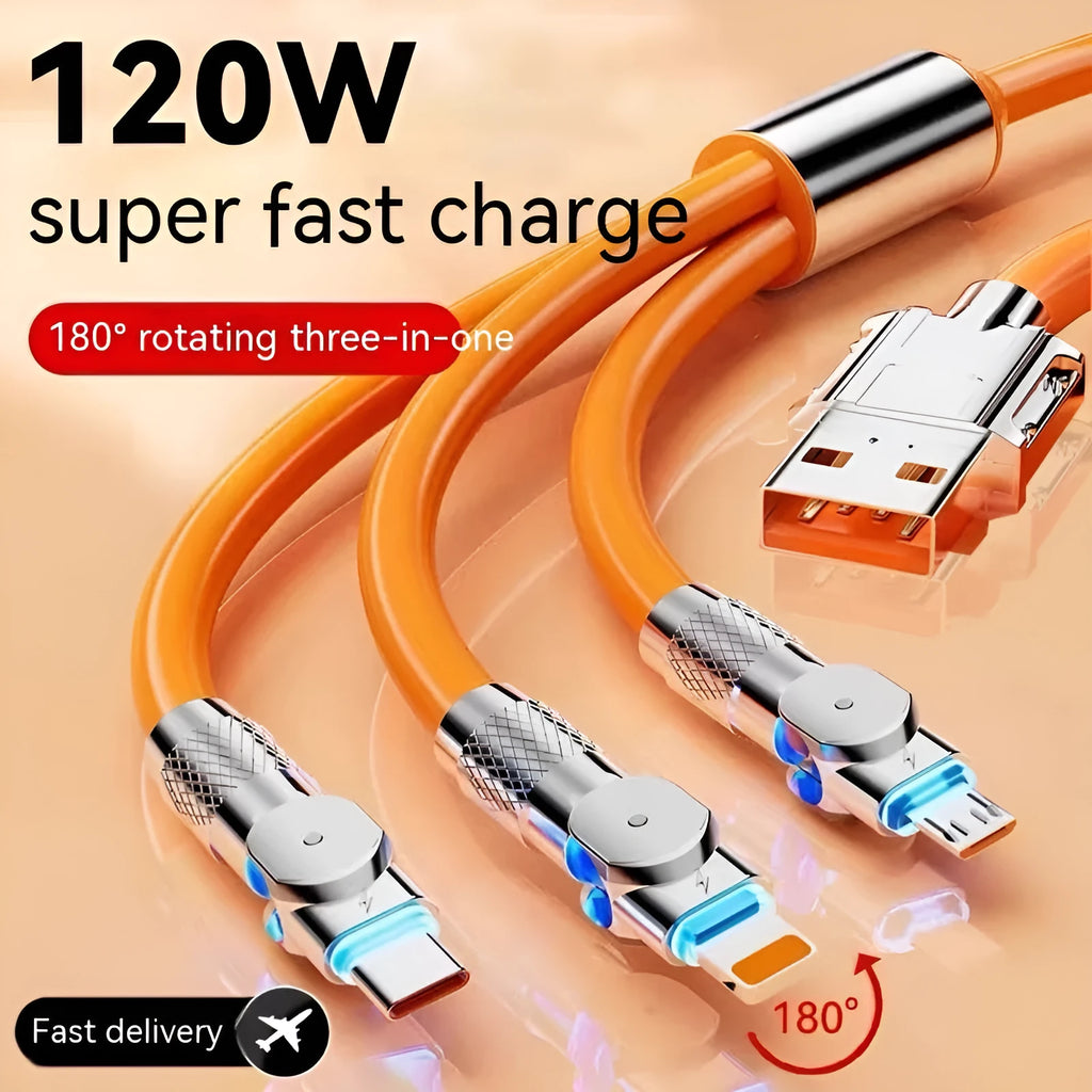 Zinc alloy rotating three-in-one data cable with light for Mini USB Lightning and TYPE-C, orange red colour