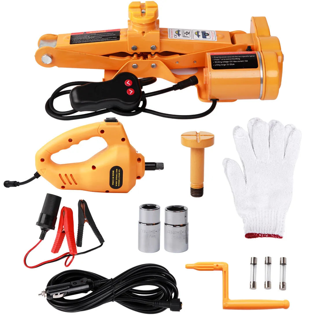Yellow car electric jack set with cordless electric wrench for tyre changes