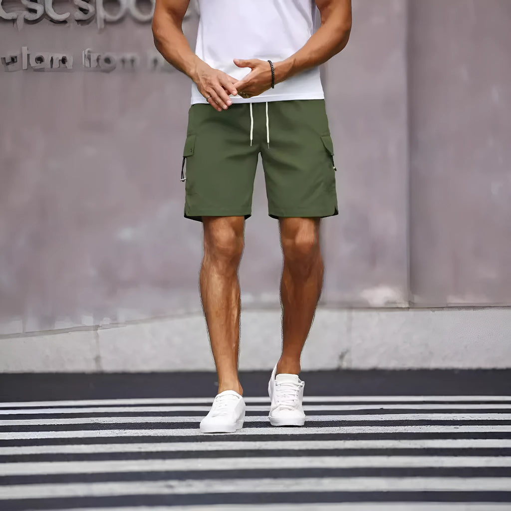 Men's loose fit work shorts in cool silk cotton polyester fabric, available in fluorescent green and army green colours