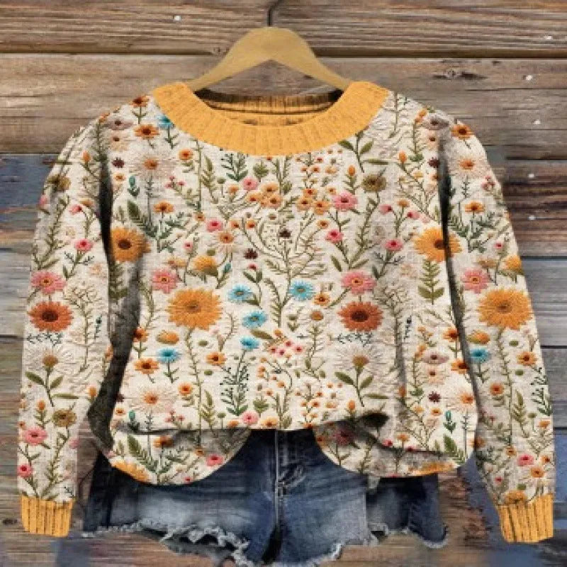 Women's round neck sweater with digital printed little flower pattern in polyester fabric