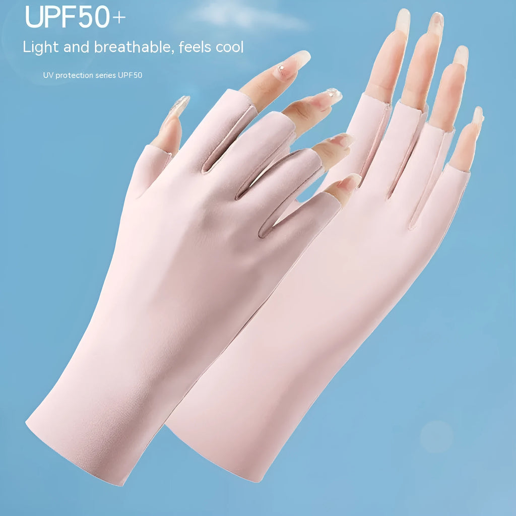 Women's UPF50 ice silk gloves in various colours showing thin nylon construction