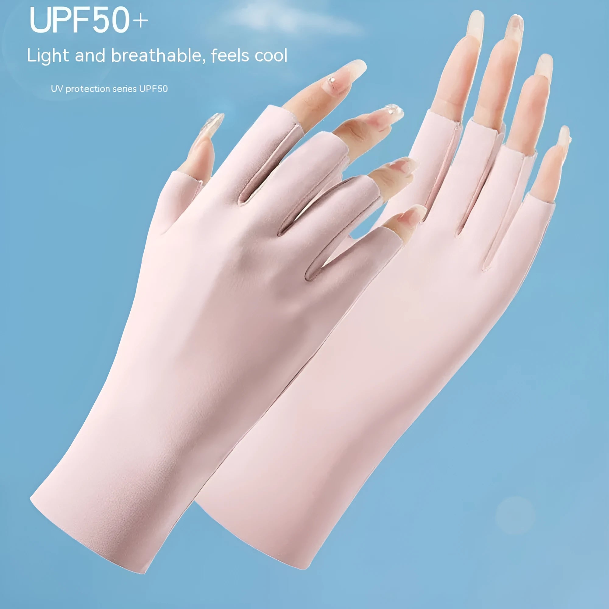 Women's UPF50 ice silk gloves in various colours showing thin nylon construction