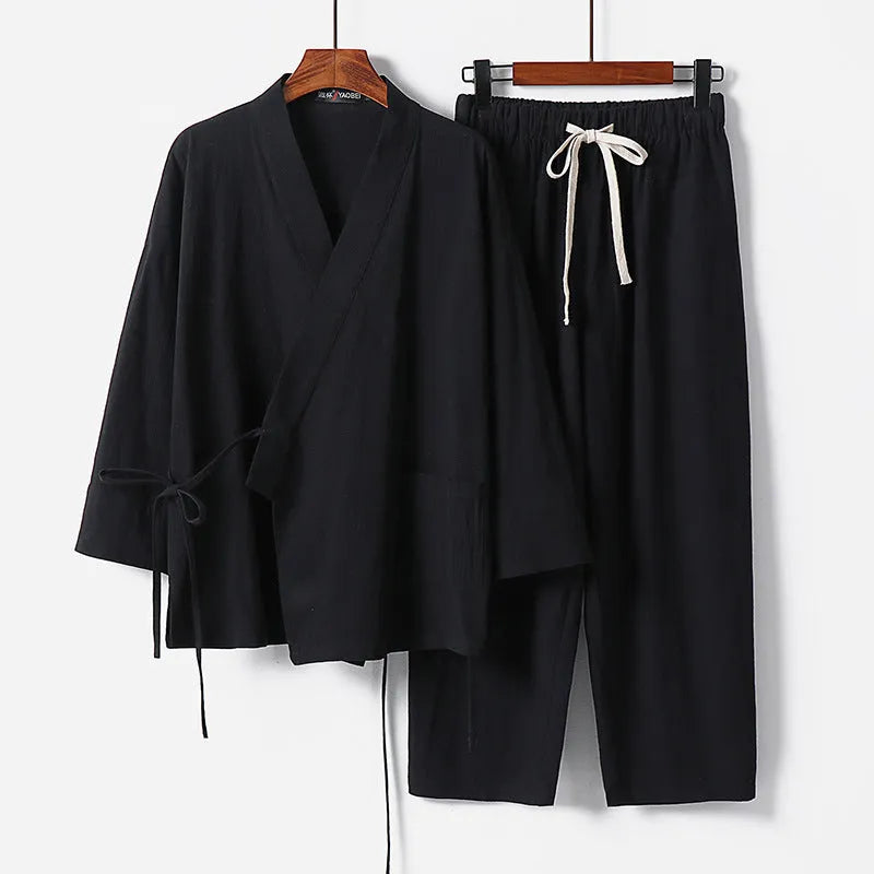 Cotton and linen Hanfu two-piece suit in apricot with shirt-style top and matching trousers on a model