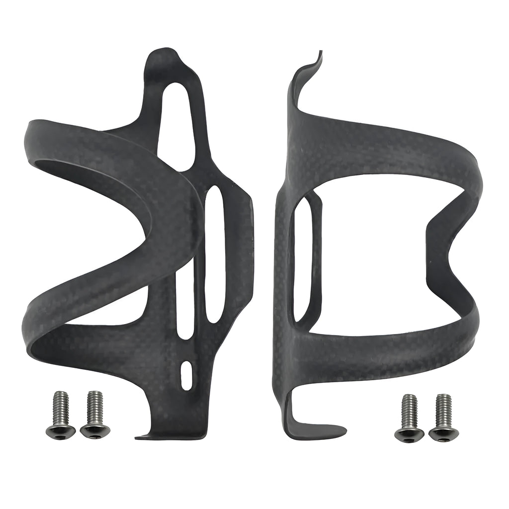 Black carbon fibre side pull water bottle cage for bicycles on a bike frame.