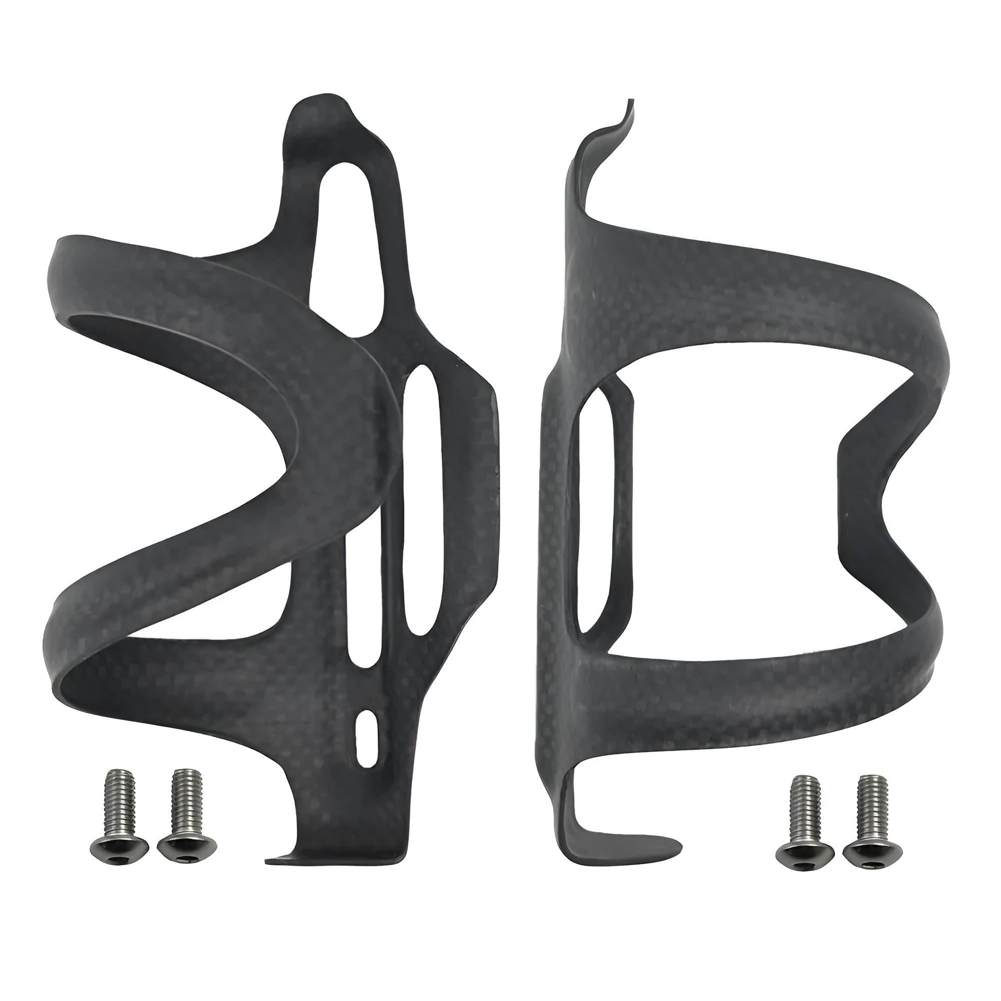 Black carbon fibre side pull water bottle cage for bicycles on a bike frame.
