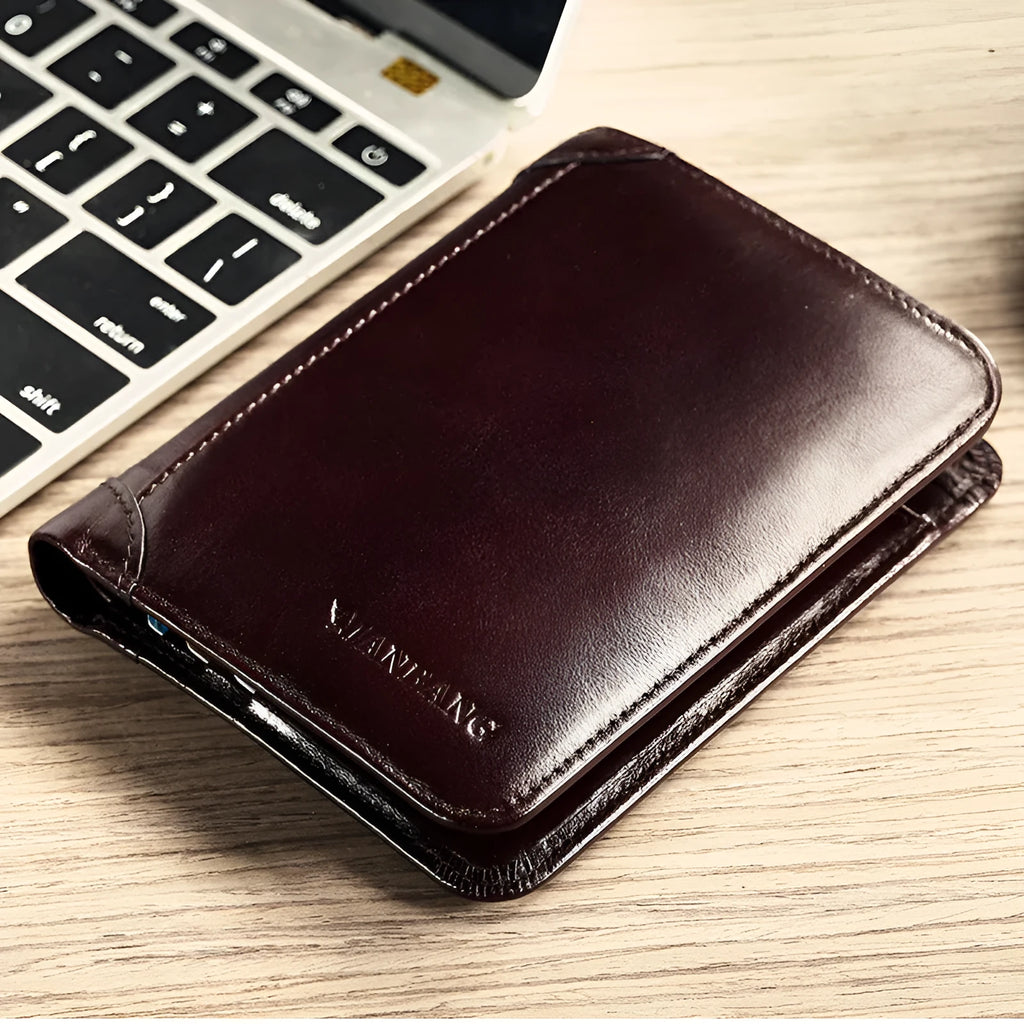 Men's black or brown leather wallet open to show photo window, card slots, and coin pocket.