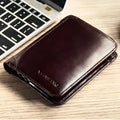 Men's black or brown leather wallet open to show photo window, card slots, and coin pocket.