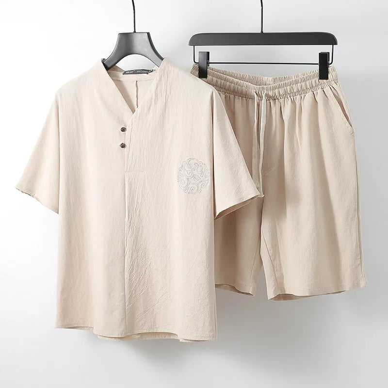Loose cotton two-piece set for men with short sleeve top and shorts in apricot colour