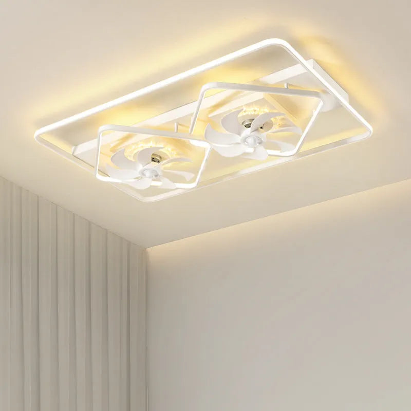 Modern ceiling fan with integrated light fixture, showing plastic blades and acrylic lampshade