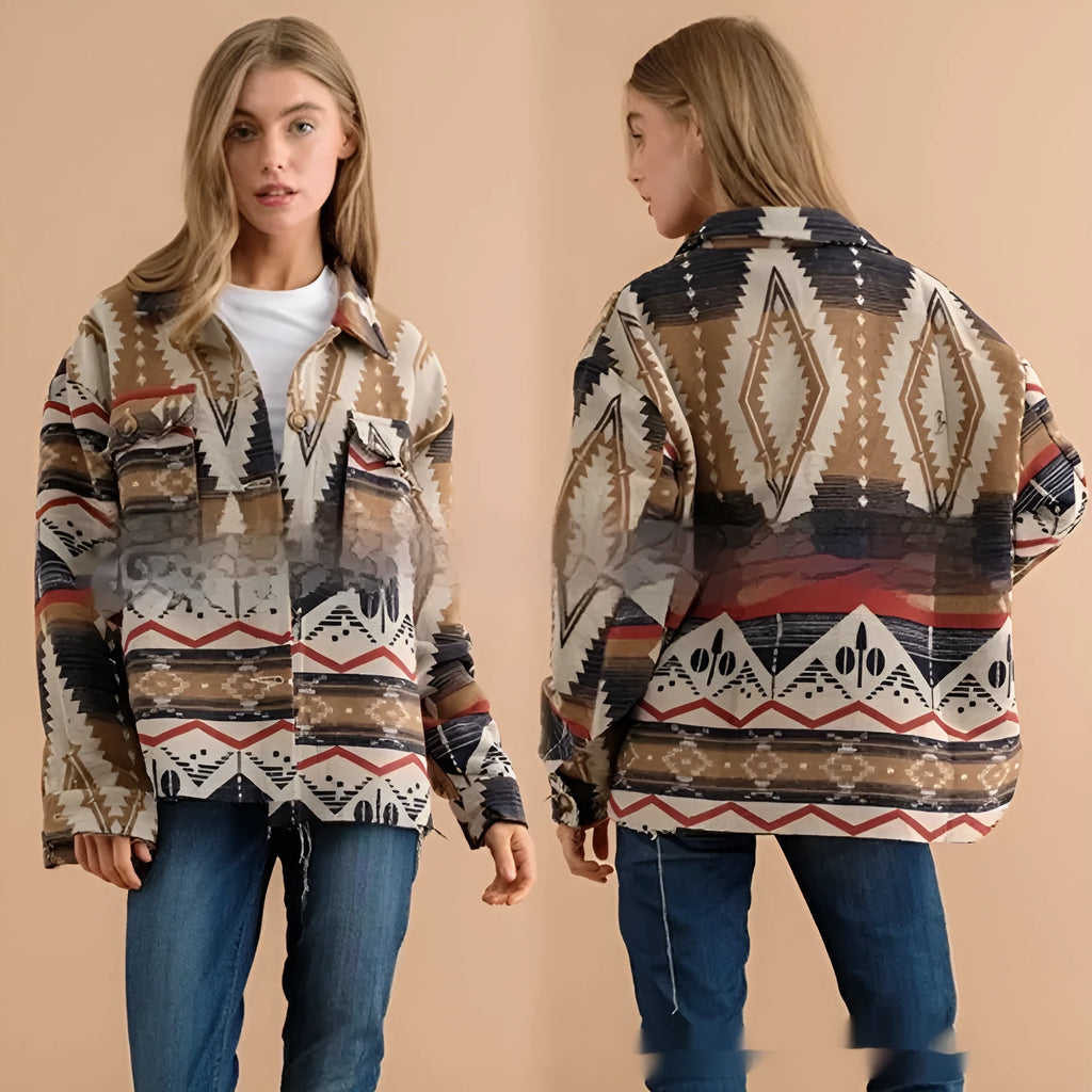 Women's Aztec printed retro woolen coat in loose fit, shown in Army Green colour