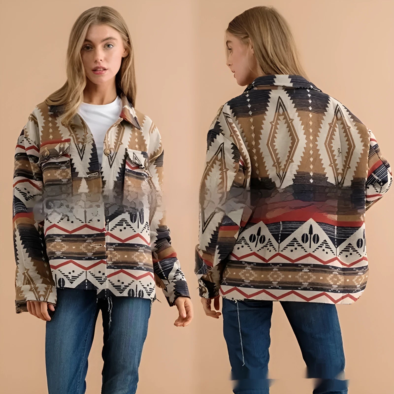 Women's Aztec printed retro woolen coat in loose fit, shown in Army Green colour