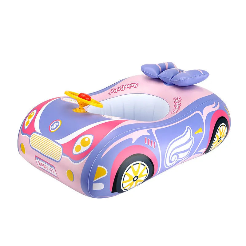 Mini inflatable car pedestal swimming ring for children in pink sports car design with steering wheel pattern
