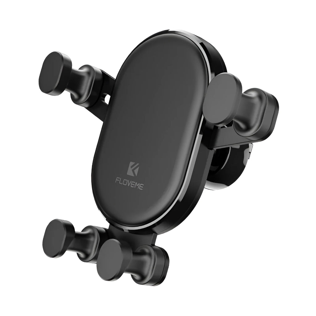 Black gravity car phone holder with 360 rotation mounted on air vent, holding a smartphone