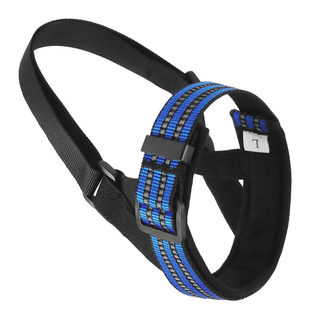 Adjustable reflective anti-biting dog muzzle for medium large dogs in black on a white background