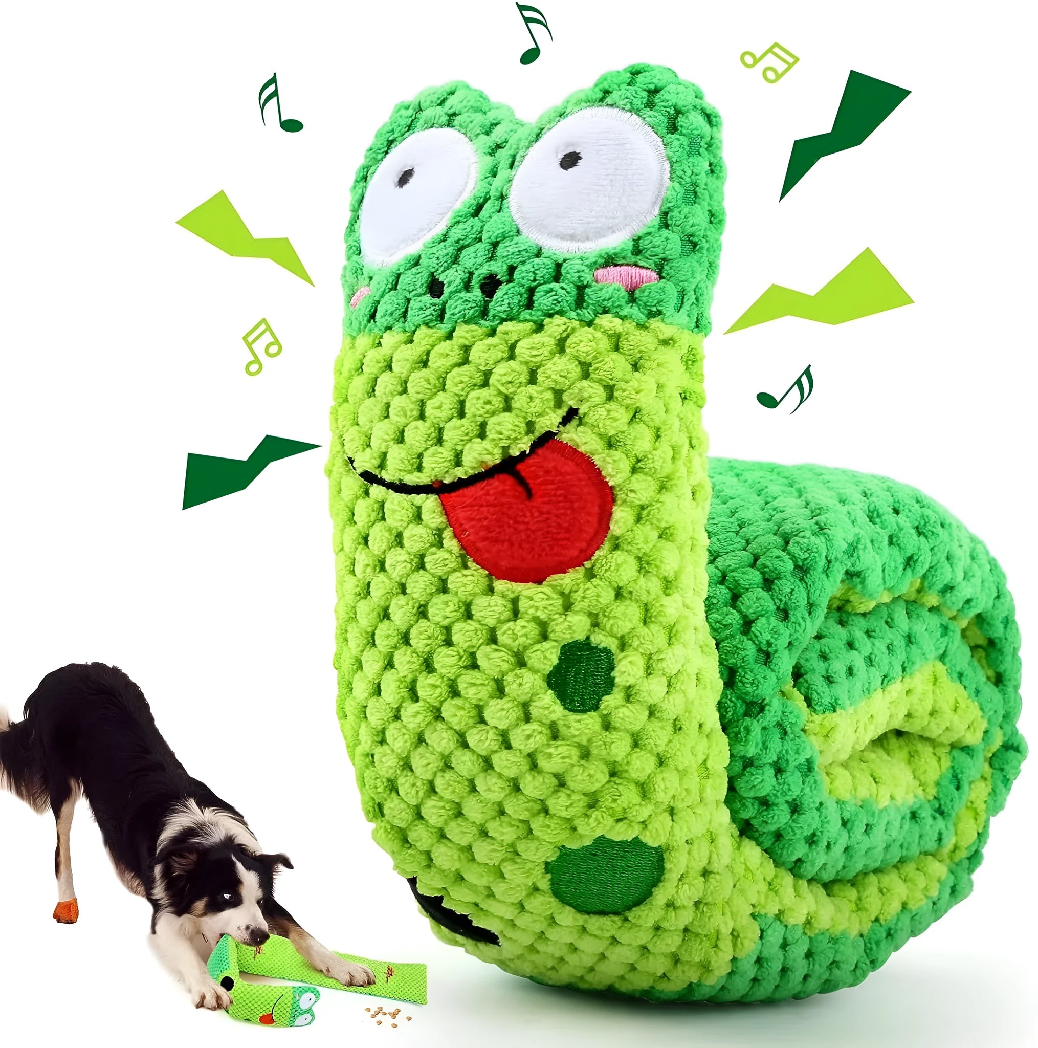 Squeak dog puzzle toy shown in snail and stick shapes with hidden food holes for foraging games