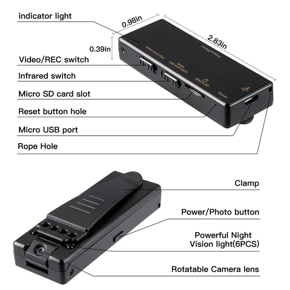 Black 1080p HD digital video camera with a rotatable lens, suitable for use as a dash cam or action camera.