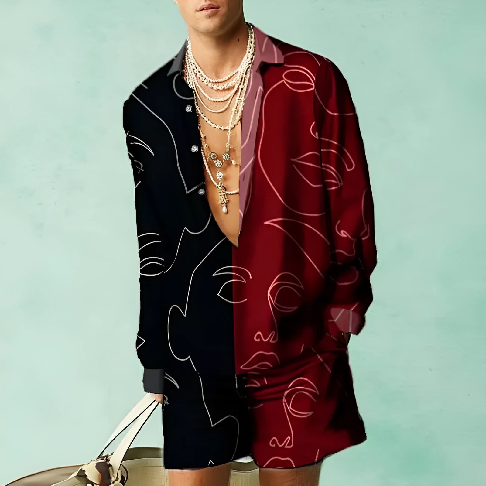 Men's slim-fit polyester summer shirt and shorts set in various colours