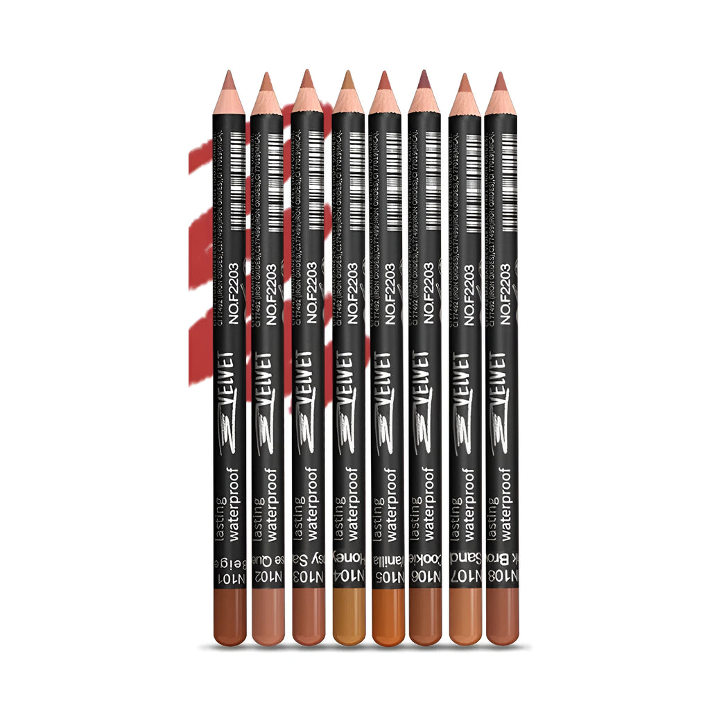 Lip liner pencil in a matte finish shown with swatches of its 14 natural wood-toned shades.