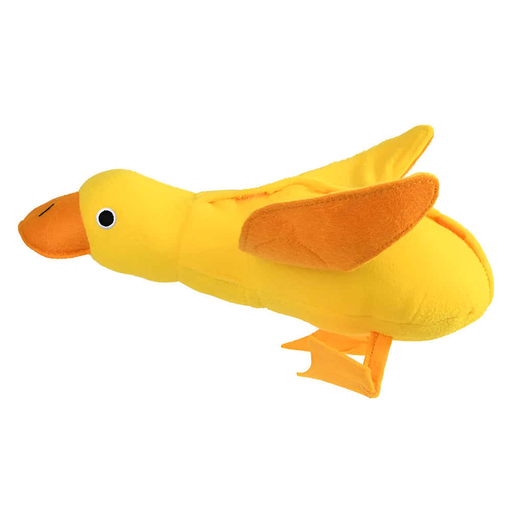 Yellow plush teddy dog toy with a attached duck doll and visible treat pockets on a white background.