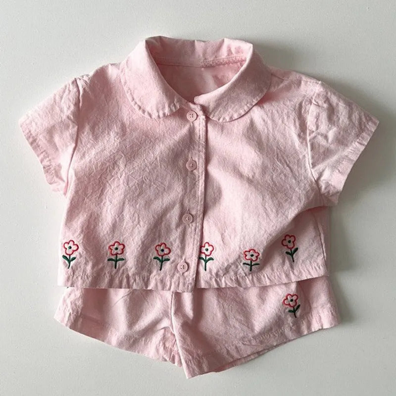 Cotton floral short sleeve shorts two-piece set for kids in pink and sapphire blue