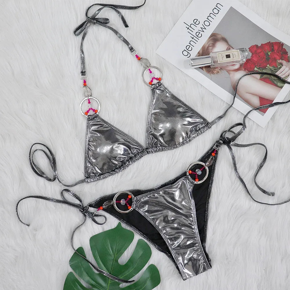 Women's hot silver split bikini set with polyester fabric and brief-style bottoms