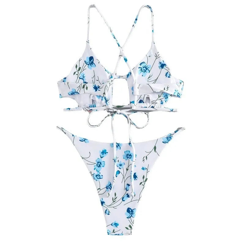 Women's floral tie-neck triangle swimsuit set with polyester-lined top and shorts in multicolour