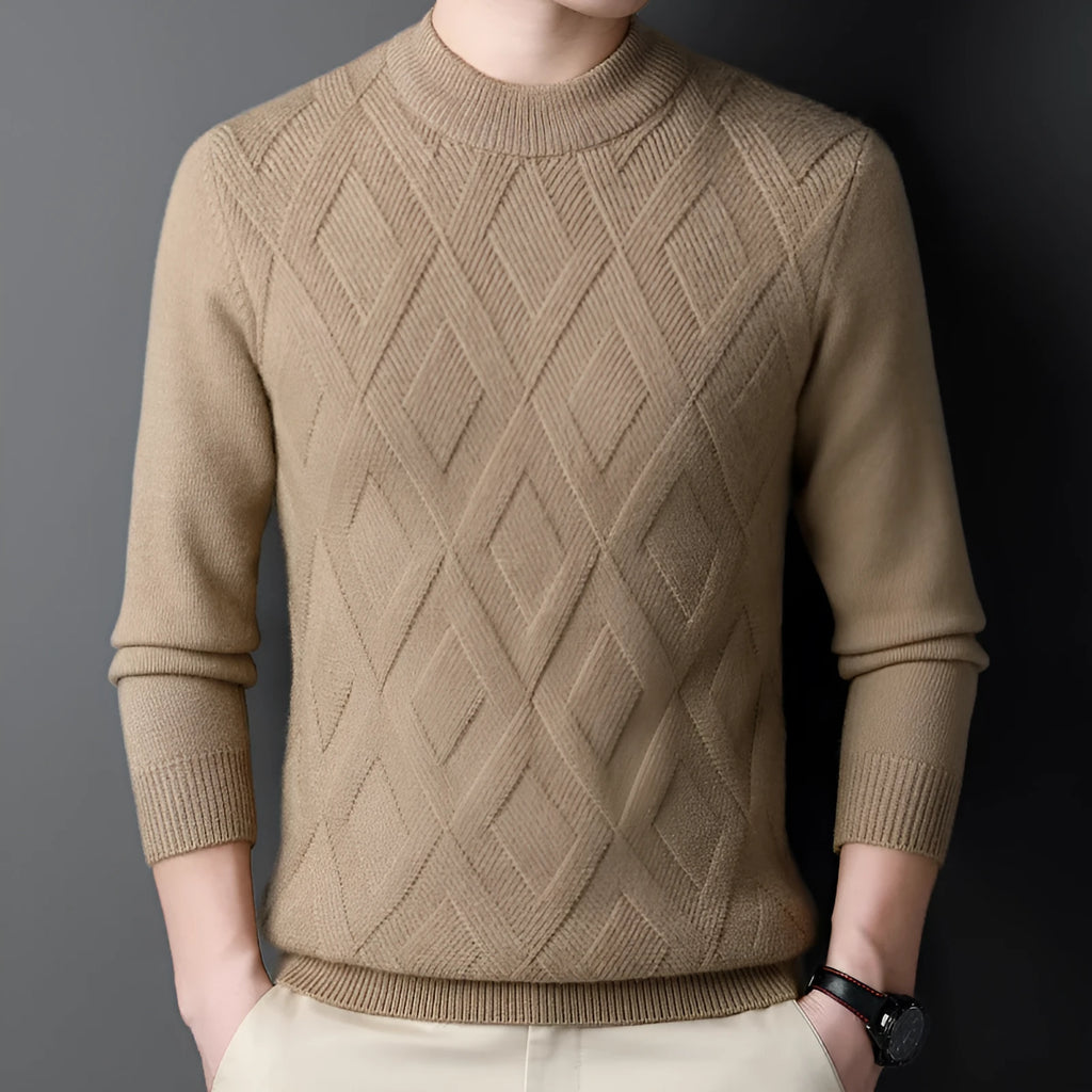 Men's thick wool blend diamond jacquard sweater in light camel colour showing texture detail