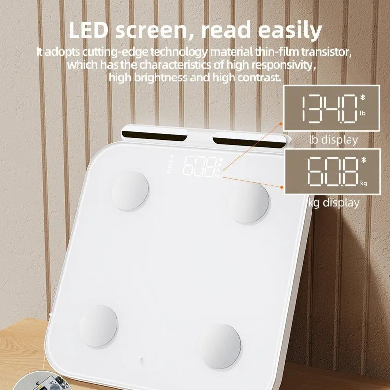 White professional body fat scale with 8 electrodes and tempered glass platform