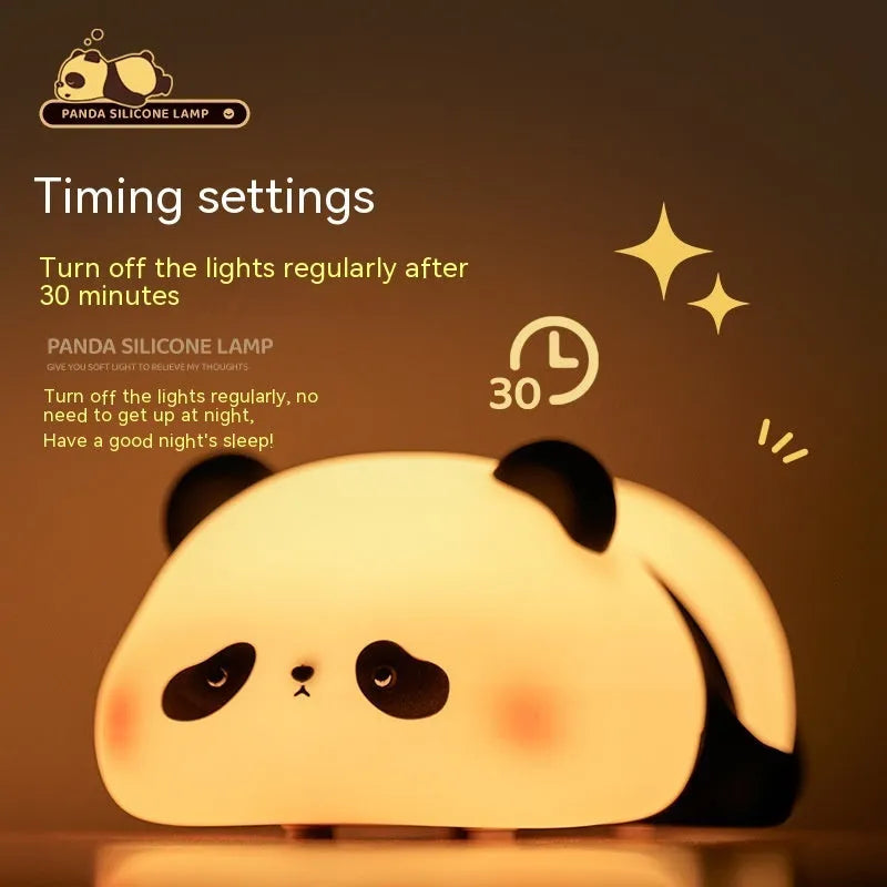 Panda shaped night light with silicone construction showing clap activation feature and USB charging port