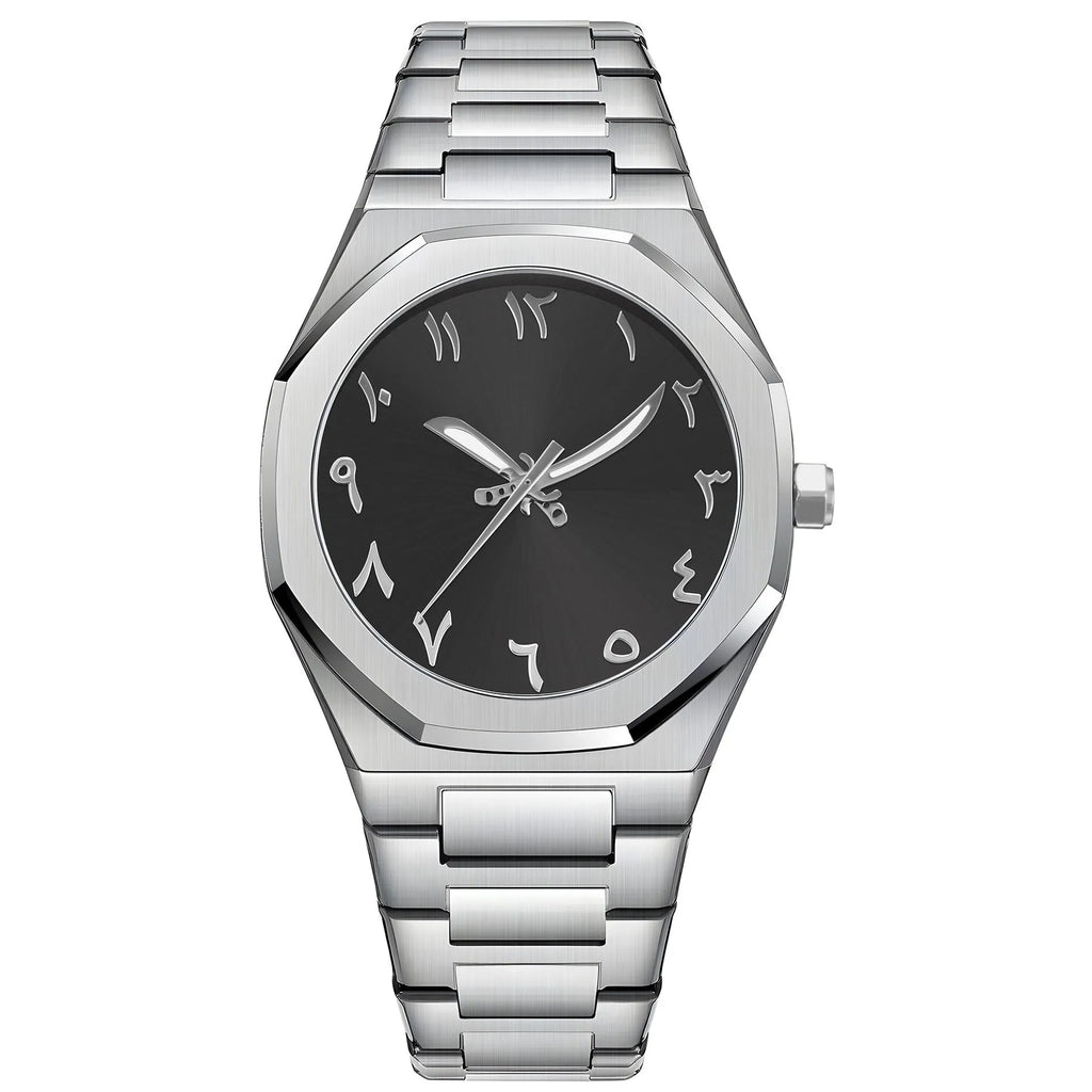 Men's business casual steel belt quartz watch showing black and silver colour options