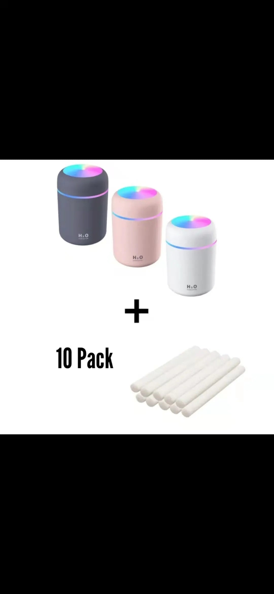 Pink, white, or navy blue USB mini desktop humidifier with water tank and colourful lights