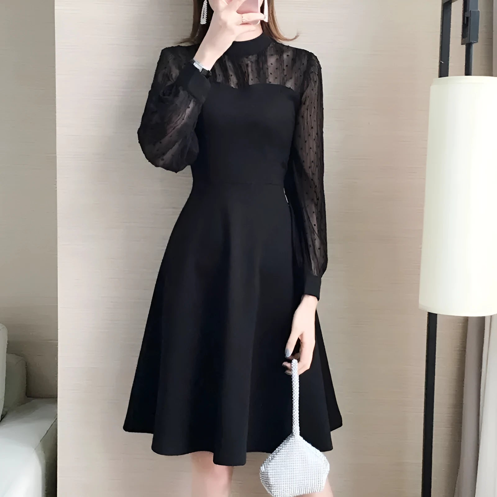 Black polyester lace long sleeve underdress in solid colour, regular sleeve type, for layering