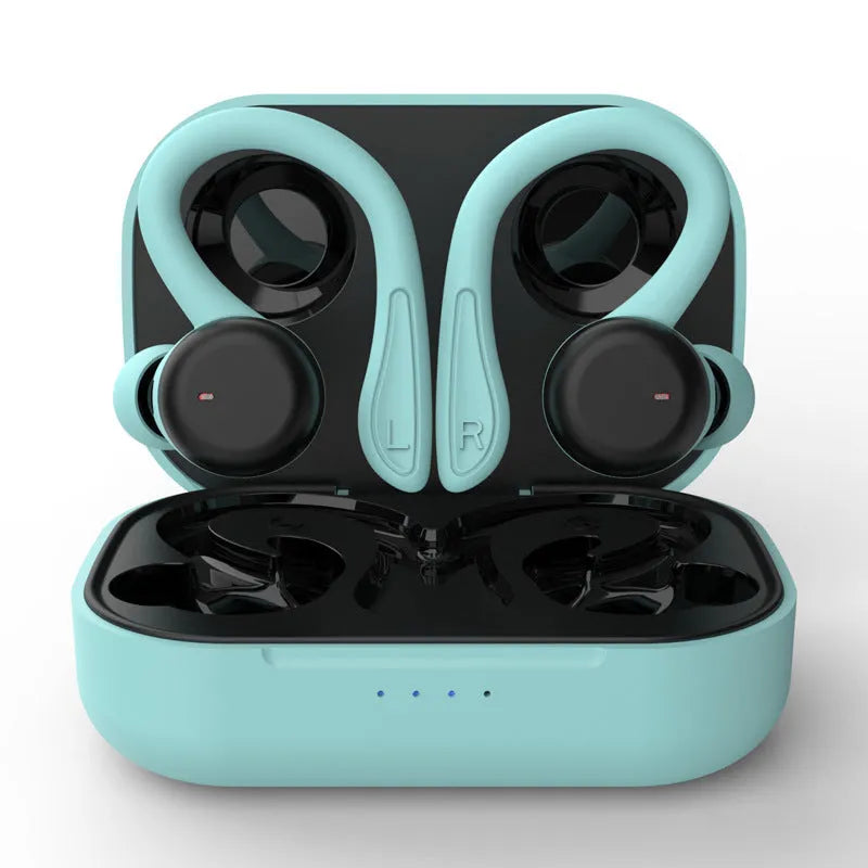 Black wireless sports earphones with removable ear hooks showing charging case and multiple earbud sizes