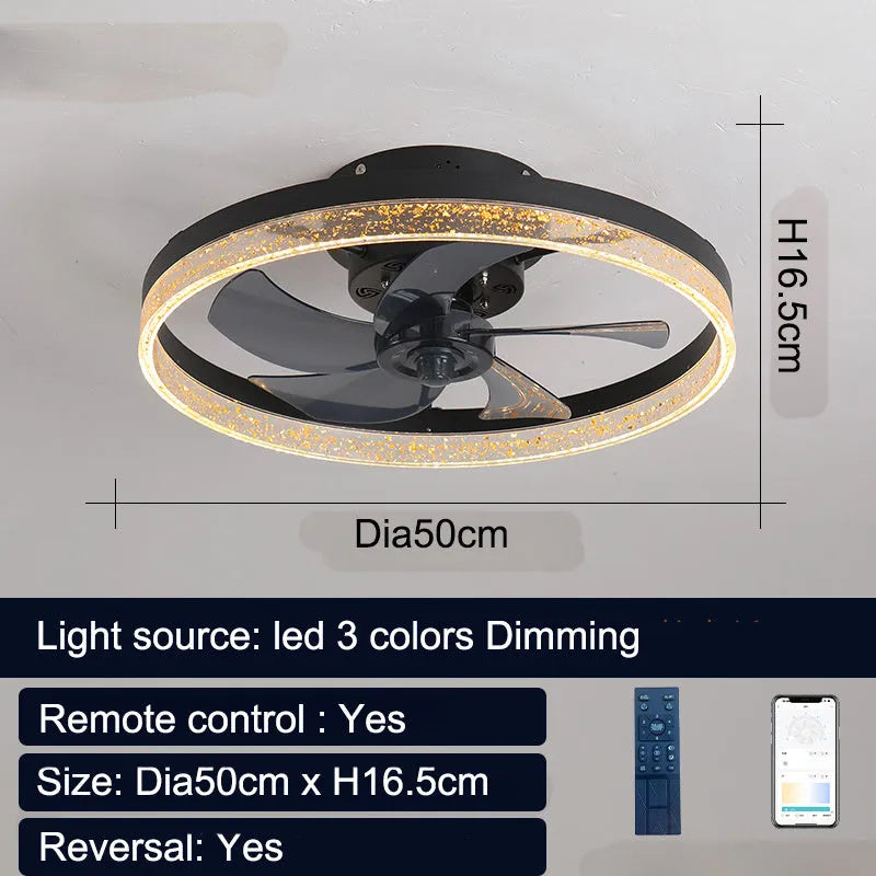 Nordic style remote control ceiling fan lamp with LED light and 50cm diameter.