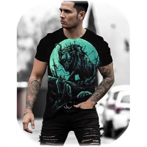 Man wearing a short-sleeved grey t-shirt with a detailed retro 3D digital print of a wild animal on the front.