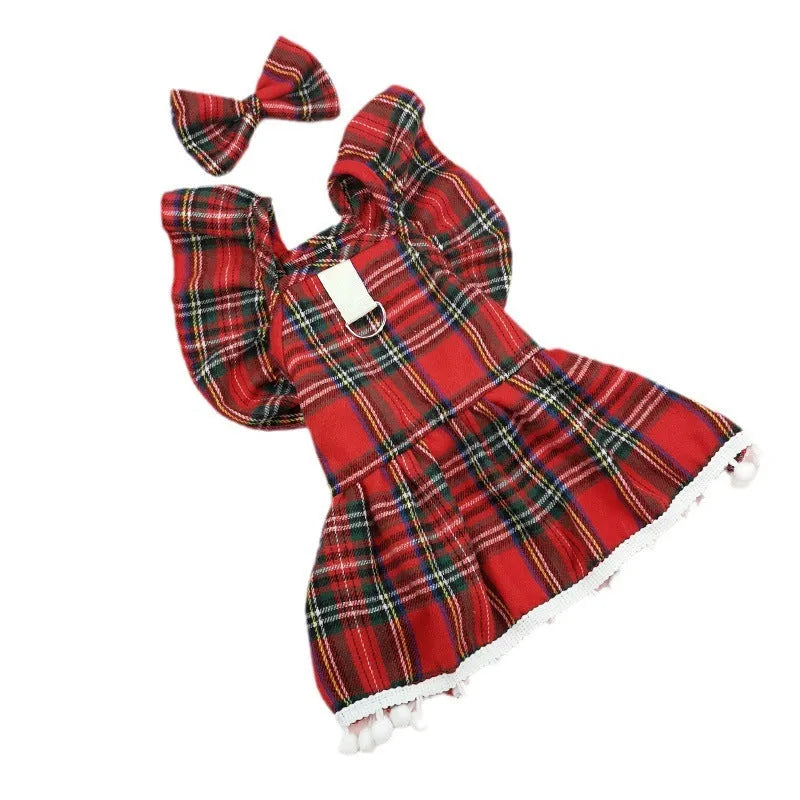 Red Christmas tartan pet skirt with matching bow tie and head flower on a cat, size M