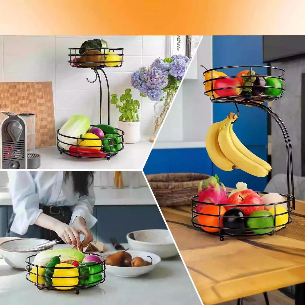 Black double-layer wrought iron fruit basket with two storage tiers